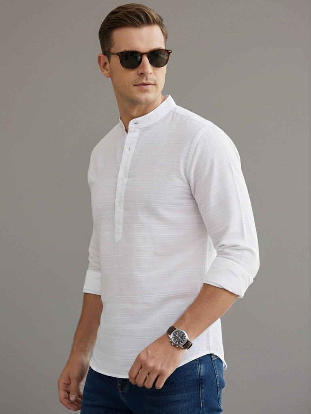 VORA LABEL Men Cotton Striped Curved Hem Short Kurta - White