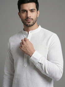 VORA LABEL Men Cotton Striped Mandarin Collar Curved Hem Short Kurta - White