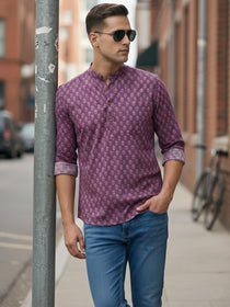 VORA LABEL Men Cotton Printed Regular Fit Short Kurta - Magenta