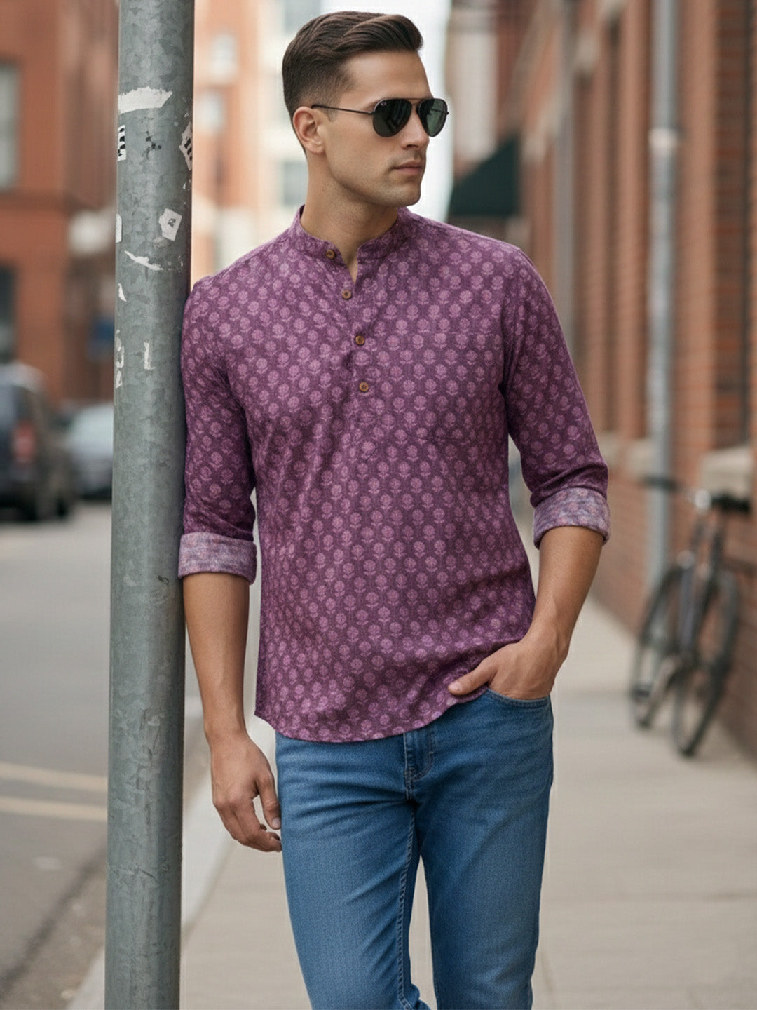 VORA LABEL Men Cotton Printed Regular Fit Short Kurta - Magenta