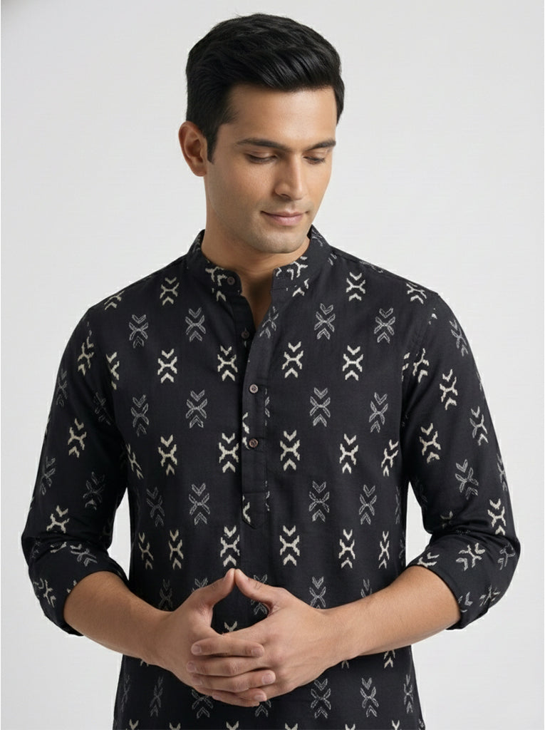 VORA LABEL Men Cotton Printed Regular Fit Short Kurta - Black