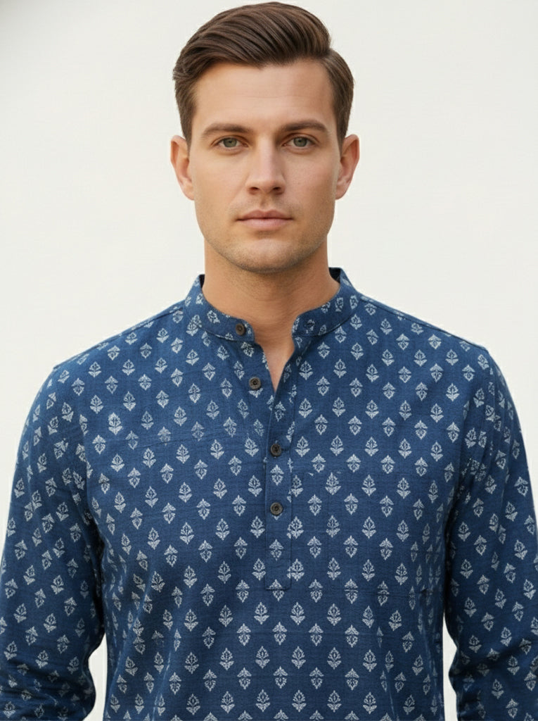 VORA LABEL Men Cotton Printed Regular Fit Short Kurta - Navy Blue