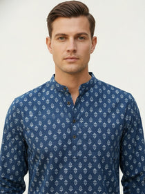 VORA LABEL Men Cotton Printed Regular Fit Short Kurta - Navy Blue