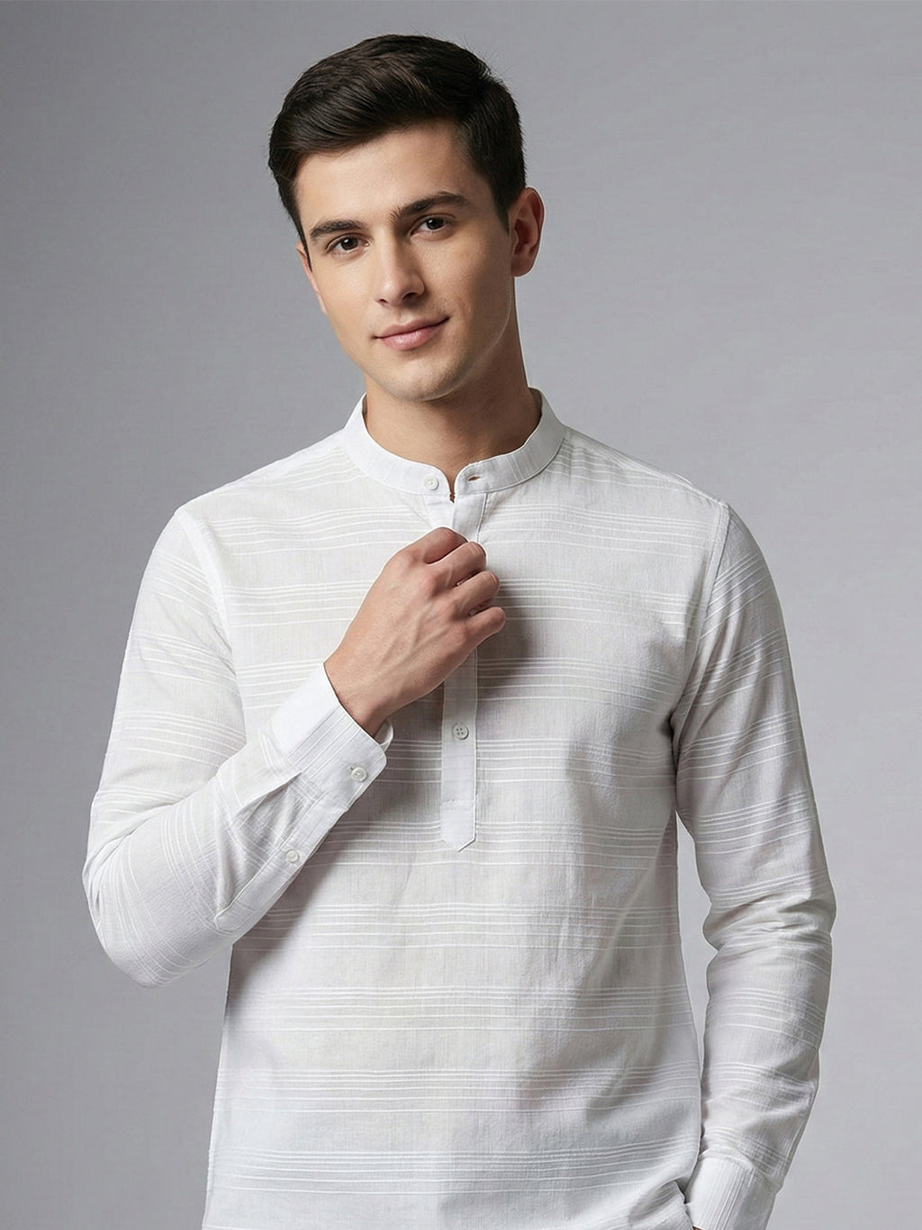VORA LABEL Men Cotton Single Stripe Short Kurta - White