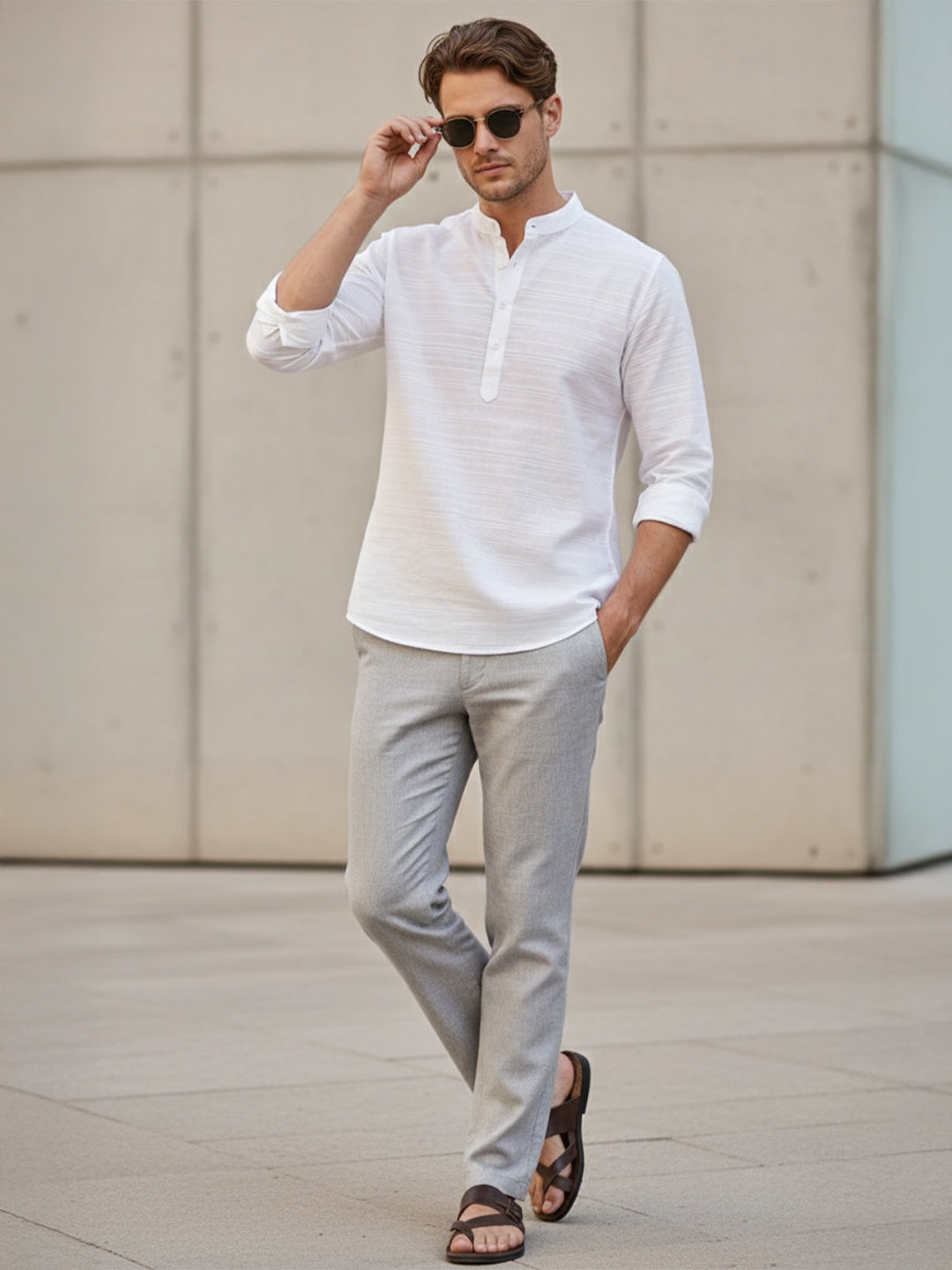 VORA LABEL Men Cotton Striped Full Sleeve Short Kurta - White
