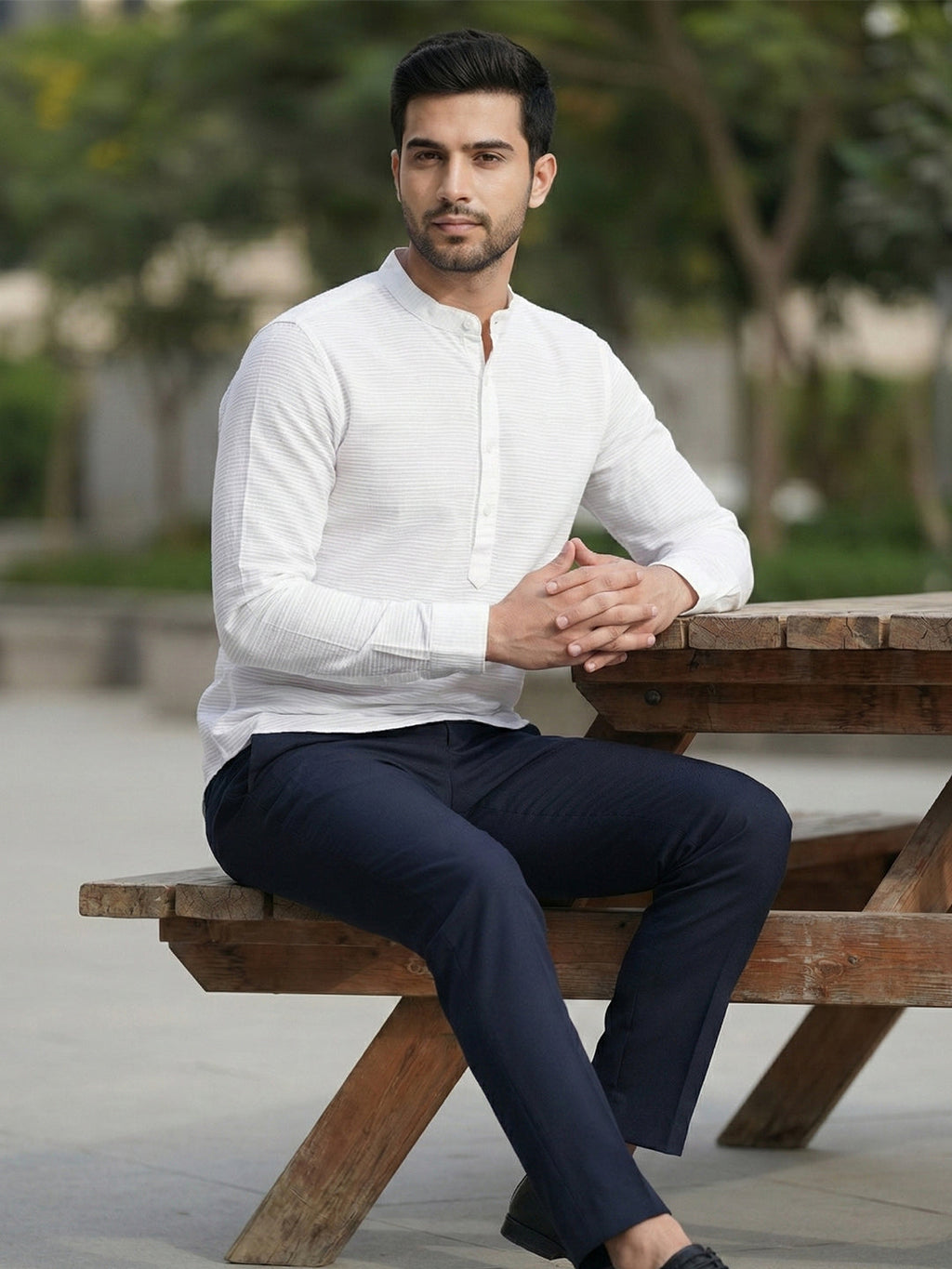 VORA LABEL Men Cotton Striped Mandarin Collar Curved Hem Short Kurta - White