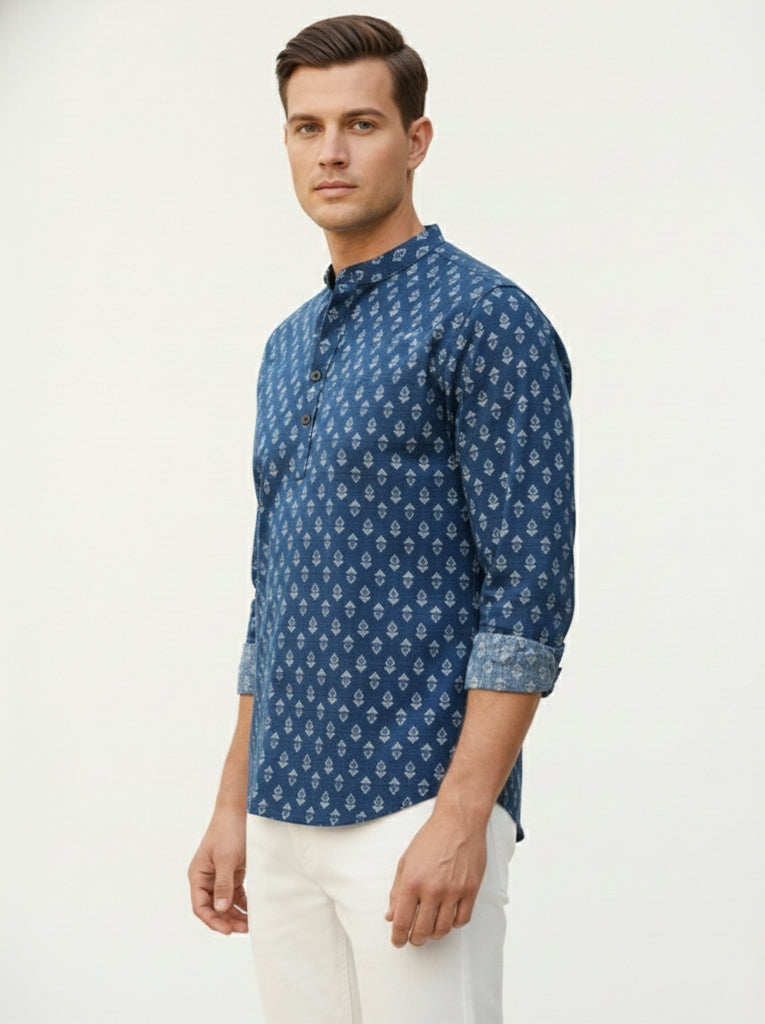 VORA LABEL Men Cotton Printed Regular Fit Short Kurta - Navy Blue