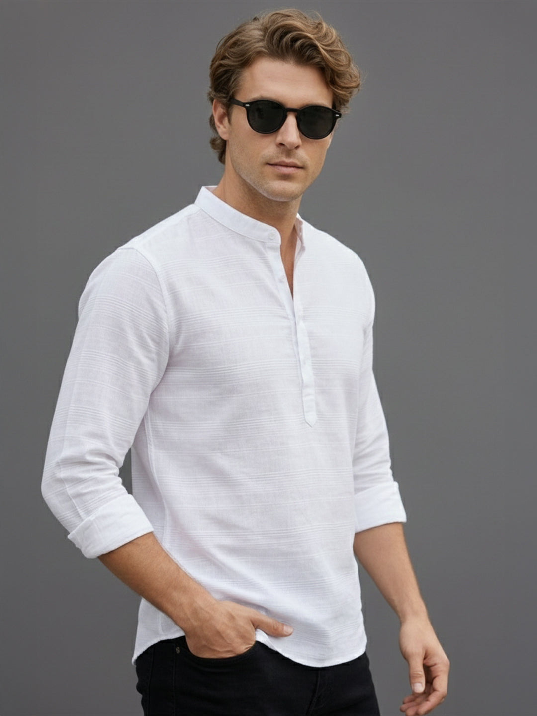 VORA LABEL Men Cotton Striped Button Front Short Kurta - White