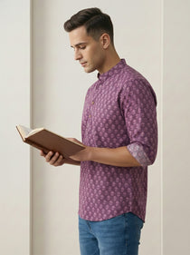 VORA LABEL Men Cotton Printed Regular Fit Short Kurta - Magenta