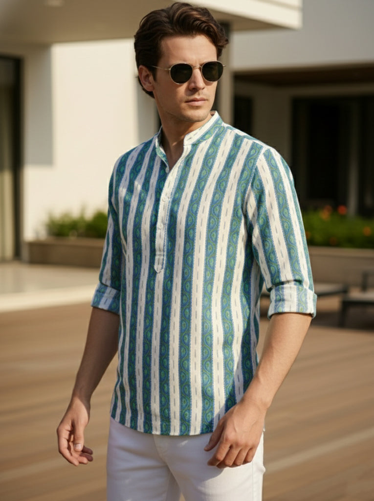 VORA LABEL Men Cotton Printed Regular Fit Short Kurta - Rayal Blue