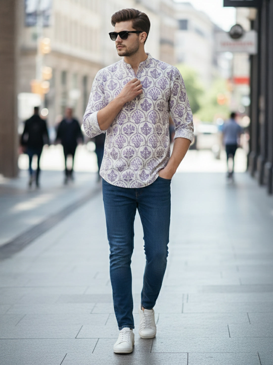 VORA LABEL Men Cotton Printed Regular Fit Short Kurta - White Main image