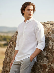 VORA LABEL Men Cotton Striped Full Sleeve Short Kurta - White