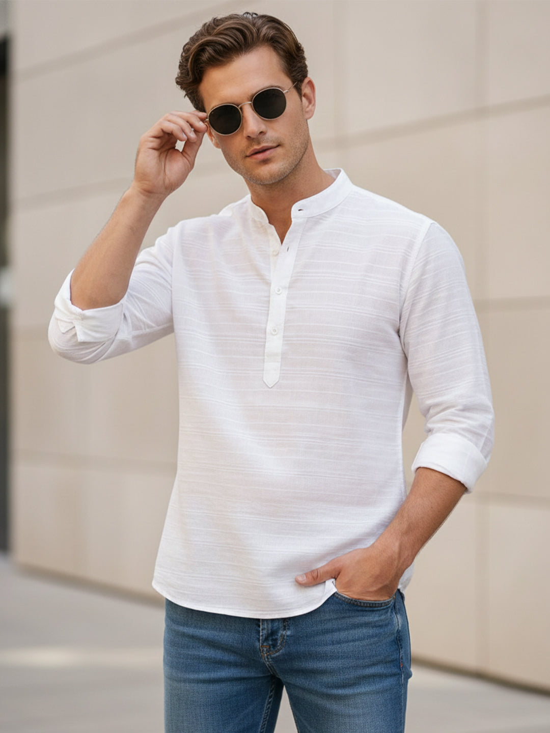 VORA LABEL Men Cotton Striped Mandarin Collar Short Kurta - White