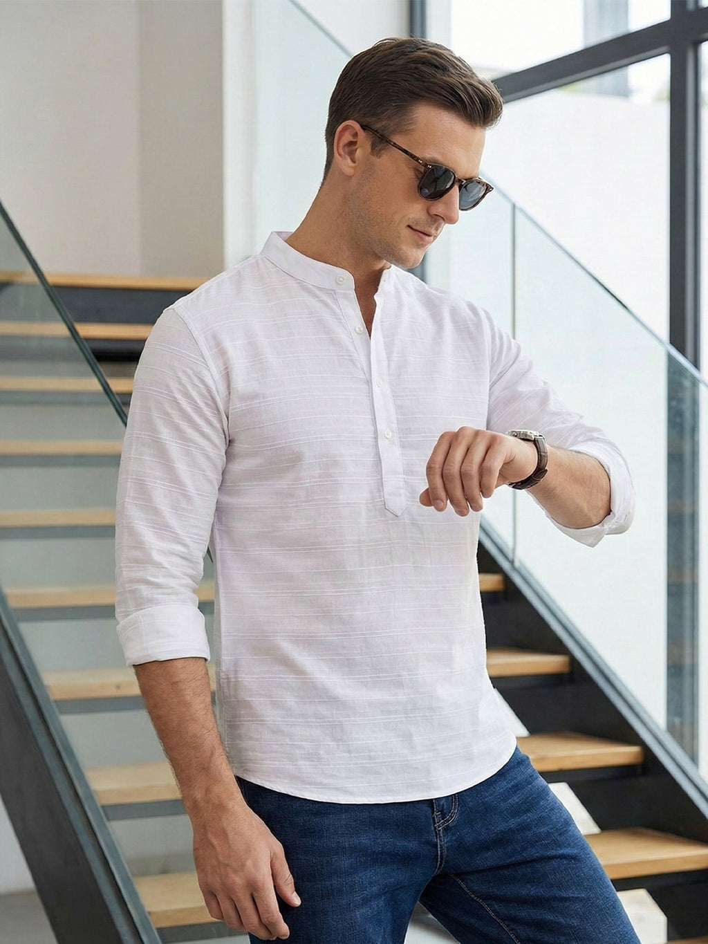 VORA LABEL Men Cotton Striped Curved Hem Short Kurta - White