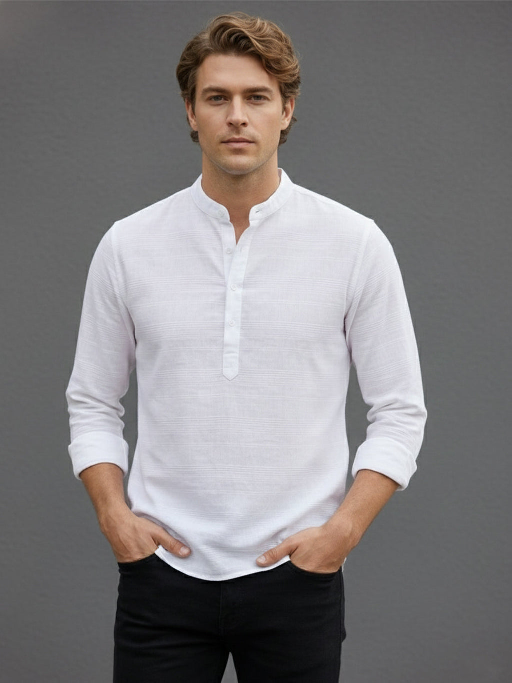 VORA LABEL Men Cotton Striped Button Front Short Kurta - White
