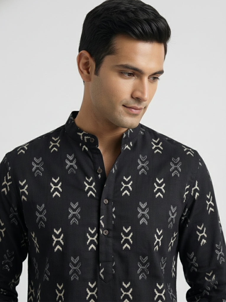 VORA LABEL Men Cotton Printed Regular Fit Short Kurta - Black