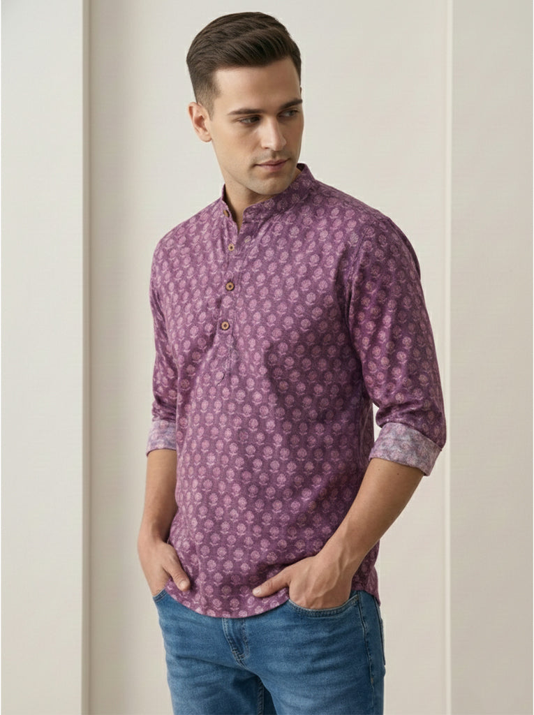 VORA LABEL Men Cotton Printed Regular Fit Short Kurta - Magenta