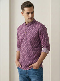 VORA LABEL Men Cotton Printed Regular Fit Short Kurta - Magenta