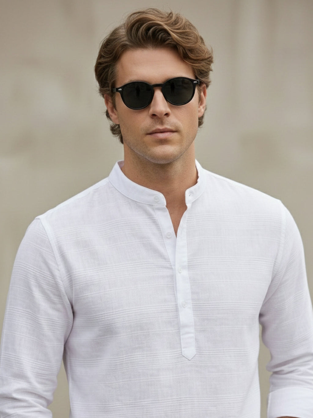 VORA LABEL Men Cotton Striped Button Front Short Kurta - White