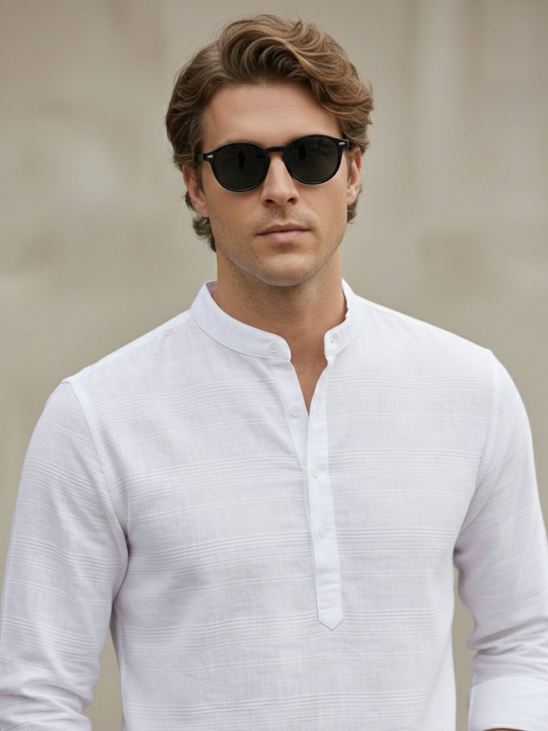 VORA LABEL Men Cotton Striped Button Front Short Kurta - White