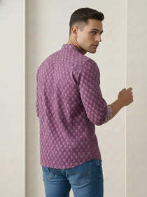 VORA LABEL Men Cotton Printed Regular Fit Short Kurta - Magenta