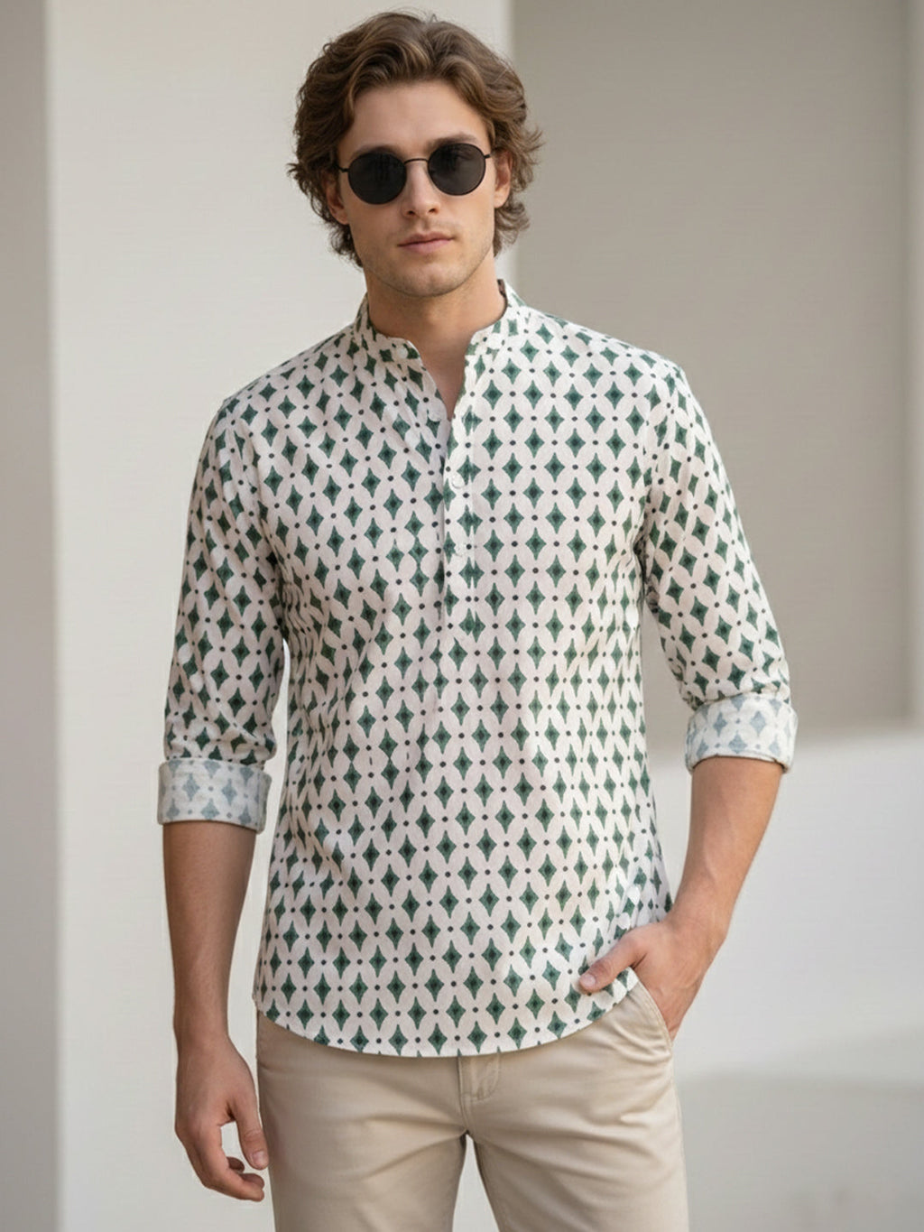 VORA LABEL Men Cotton Printed Regular Fit Short Kurta - Green