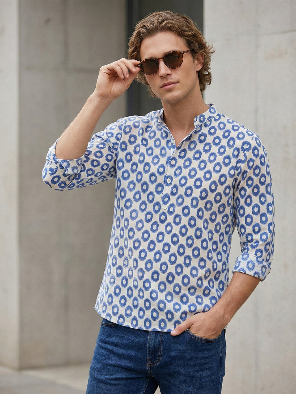 VORA LABEL Men Cotton Printed Regular Fit Mandarin Collar Short Kurta - Rayal Blue