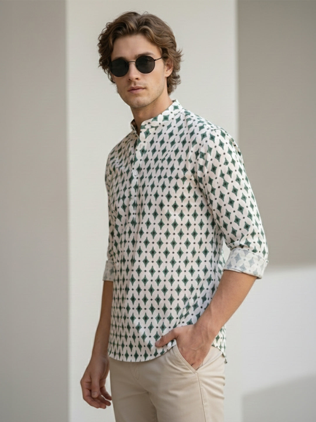 VORA LABEL Men Cotton Printed Regular Fit Short Kurta - Green Main image