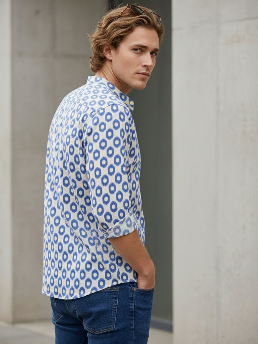 VORA LABEL Men Cotton Printed Regular Fit Mandarin Collar Short Kurta - Rayal Blue