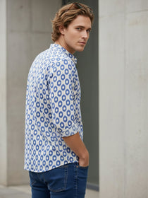 VORA LABEL Men Cotton Printed Regular Fit Mandarin Collar Short Kurta - Rayal Blue