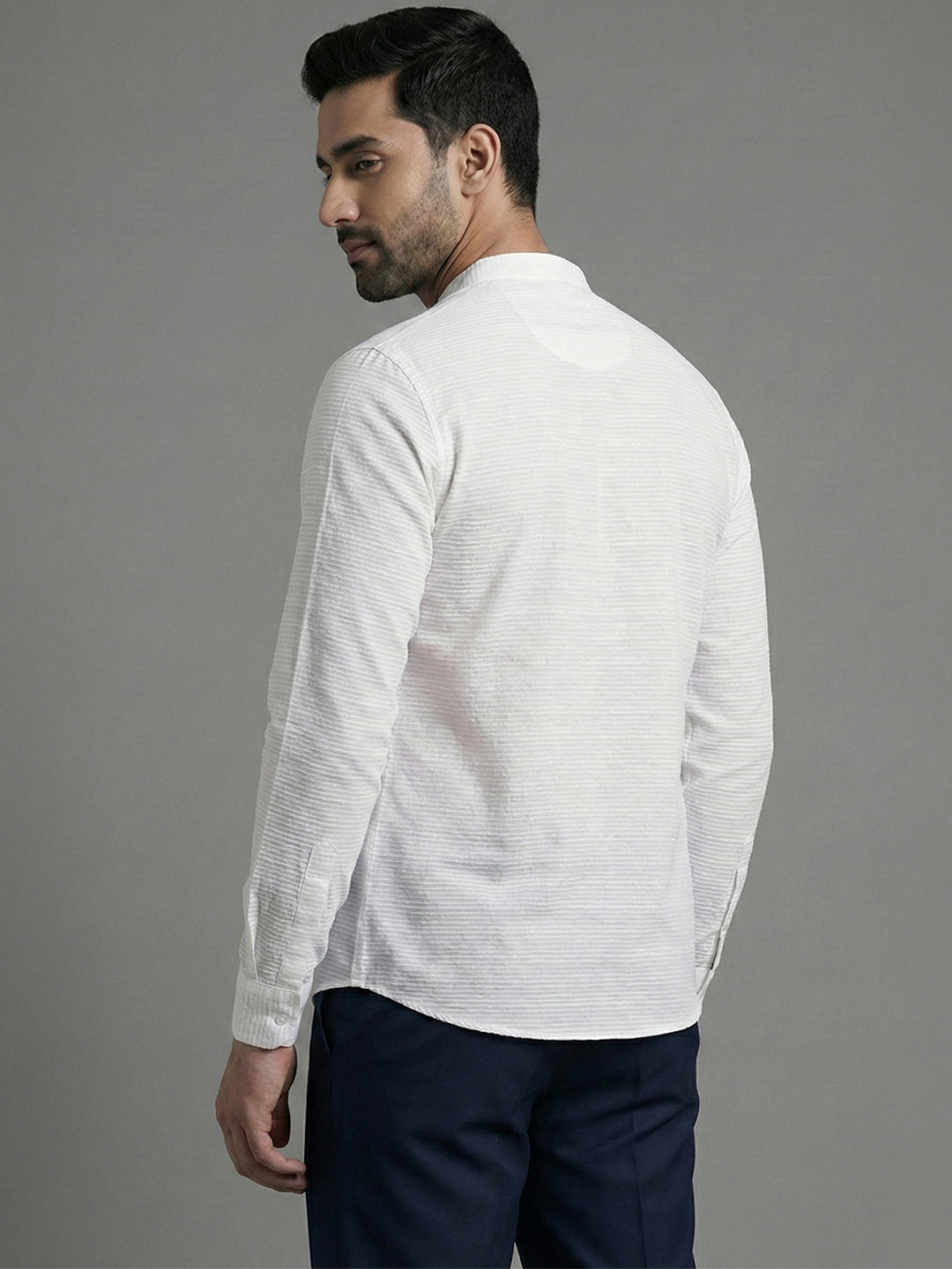 VORA LABEL Men Cotton Striped Mandarin Collar Curved Hem Short Kurta - White Secondary image