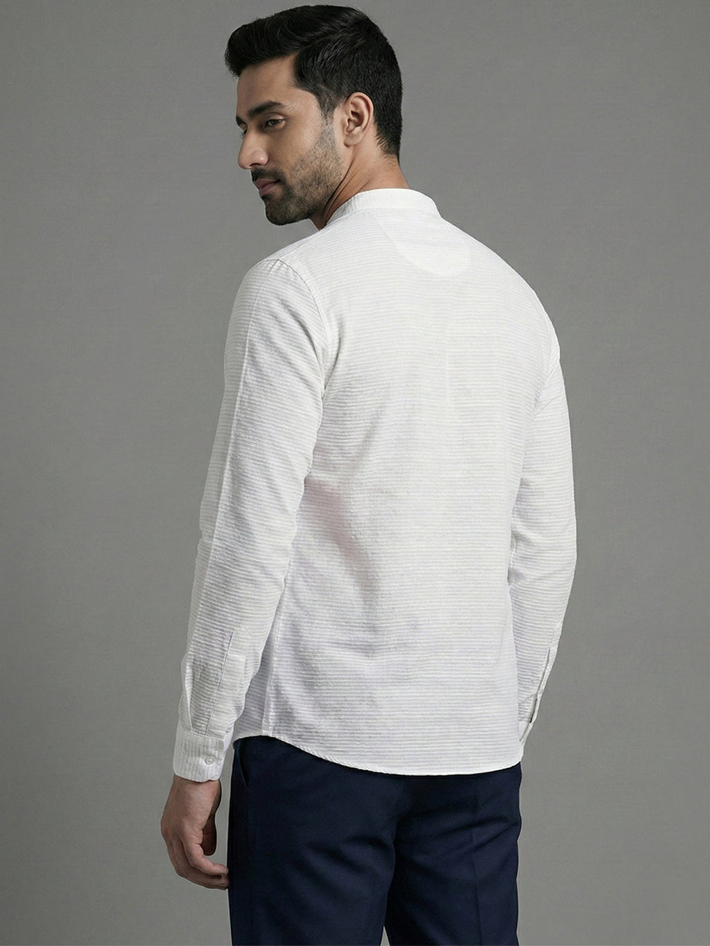 VORA LABEL Men Cotton Striped Mandarin Collar Curved Hem Short Kurta - White