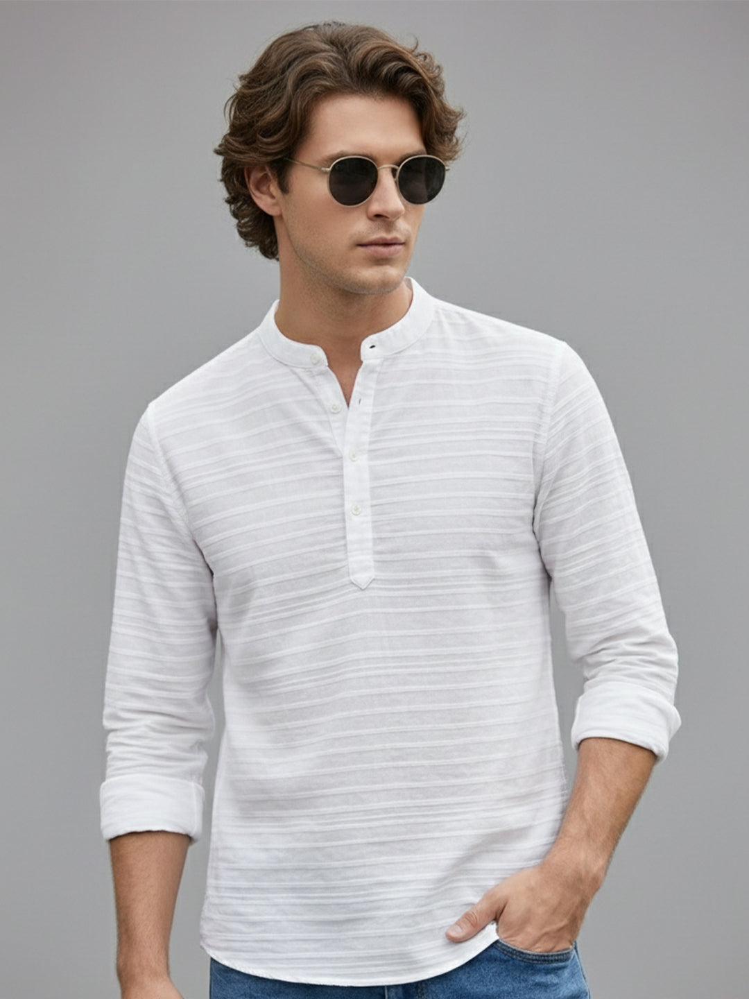 VORA LABEL Men Cotton Striped Relaxed Fit Mandarin Collar Short Kurta - White