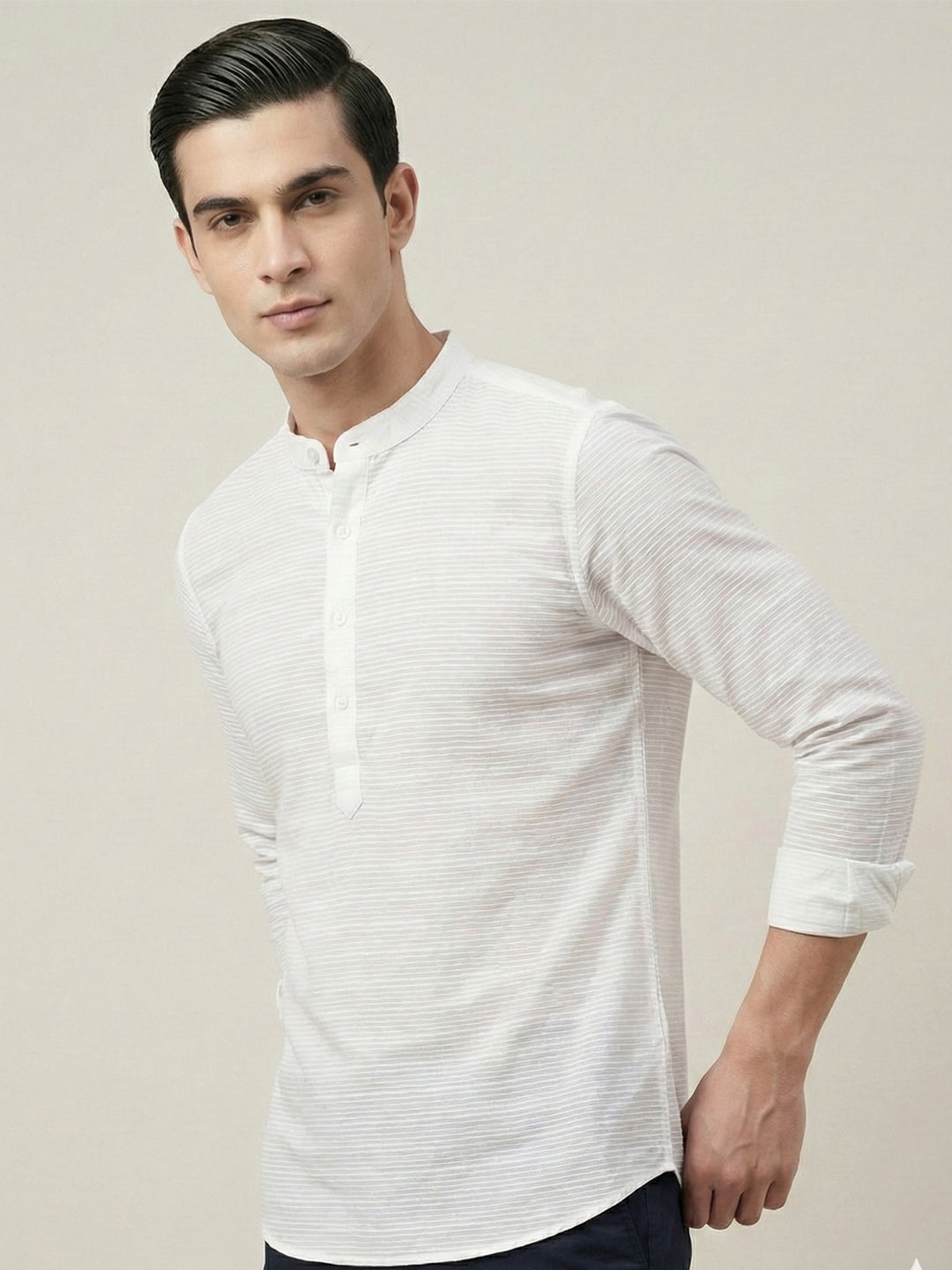 VORA LABEL Men Cotton Striped Relaxed Fit Short Kurta - White