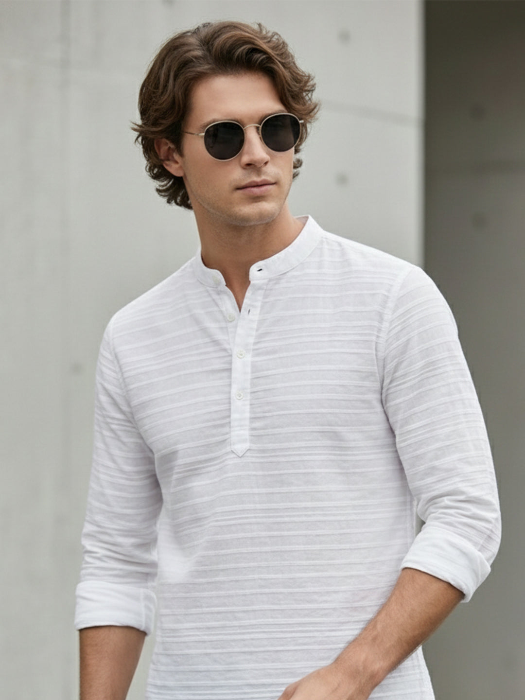 VORA LABEL Men Cotton Striped Relaxed Fit Mandarin Collar Short Kurta - White