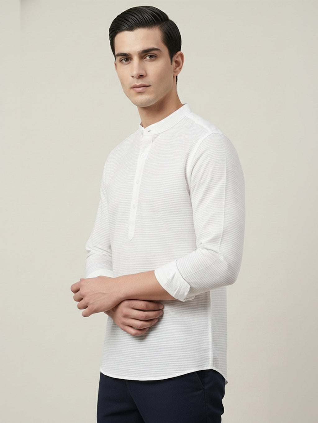 VORA LABEL Men Cotton Striped Relaxed Fit Short Kurta - White
