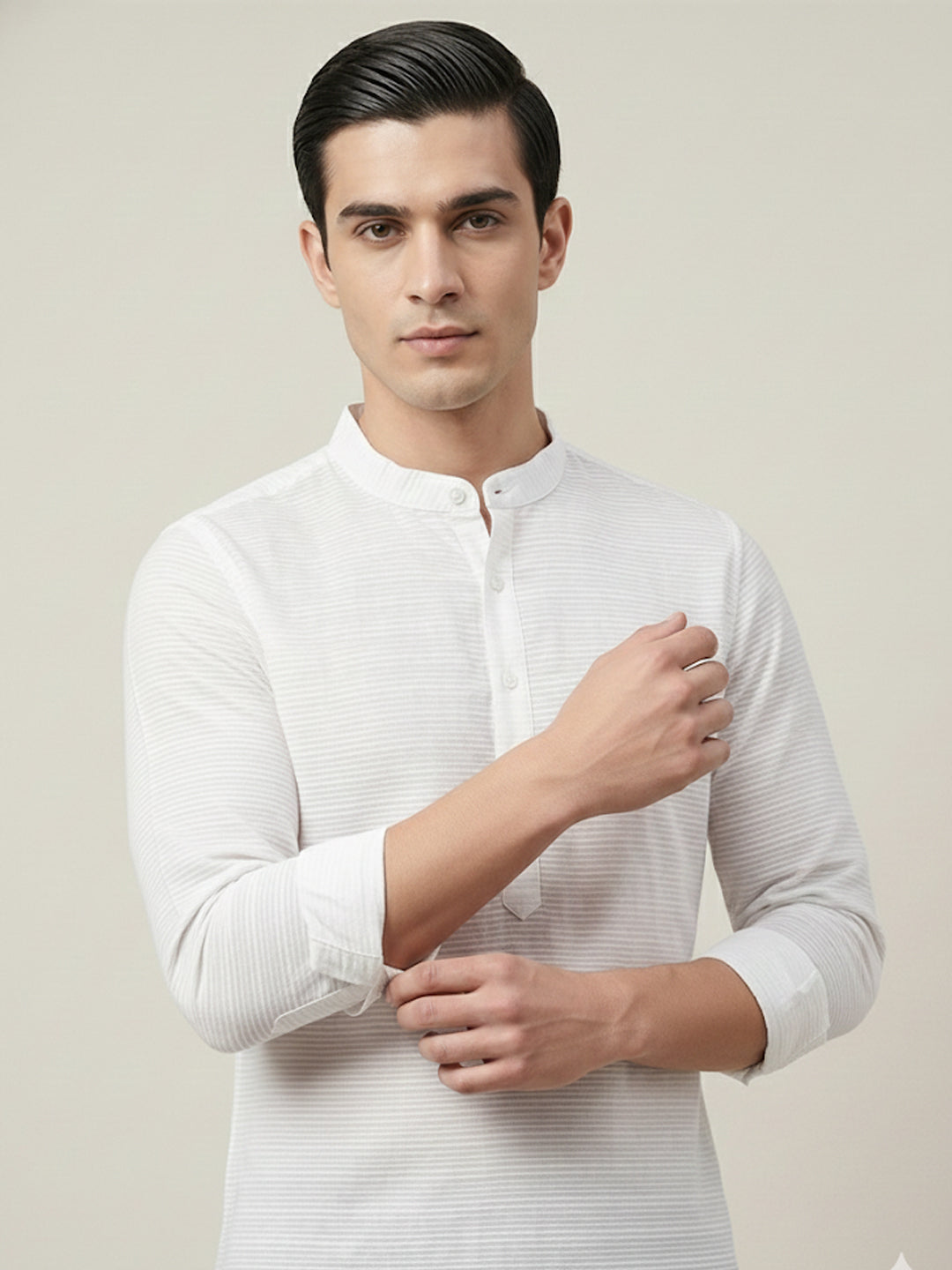 VORA LABEL Men Cotton Striped Relaxed Fit Short Kurta - White