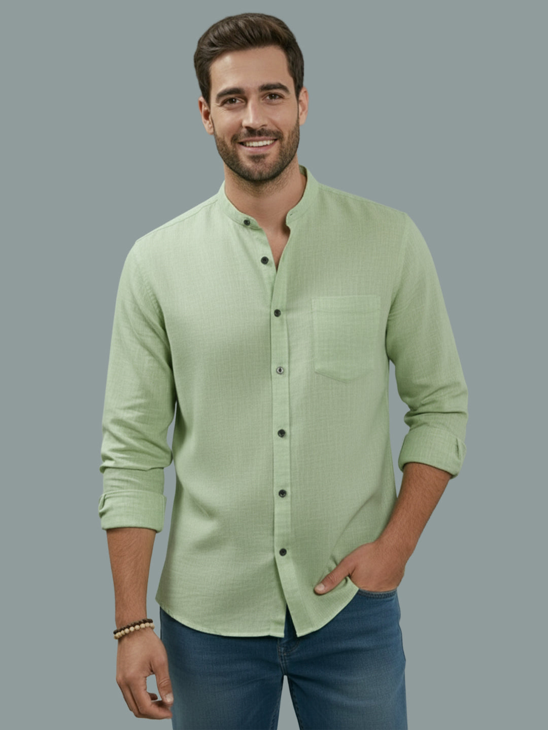 VORA LABEL Men Cotton Regular Fit Mandarin Collar Casual Shirt - Pink