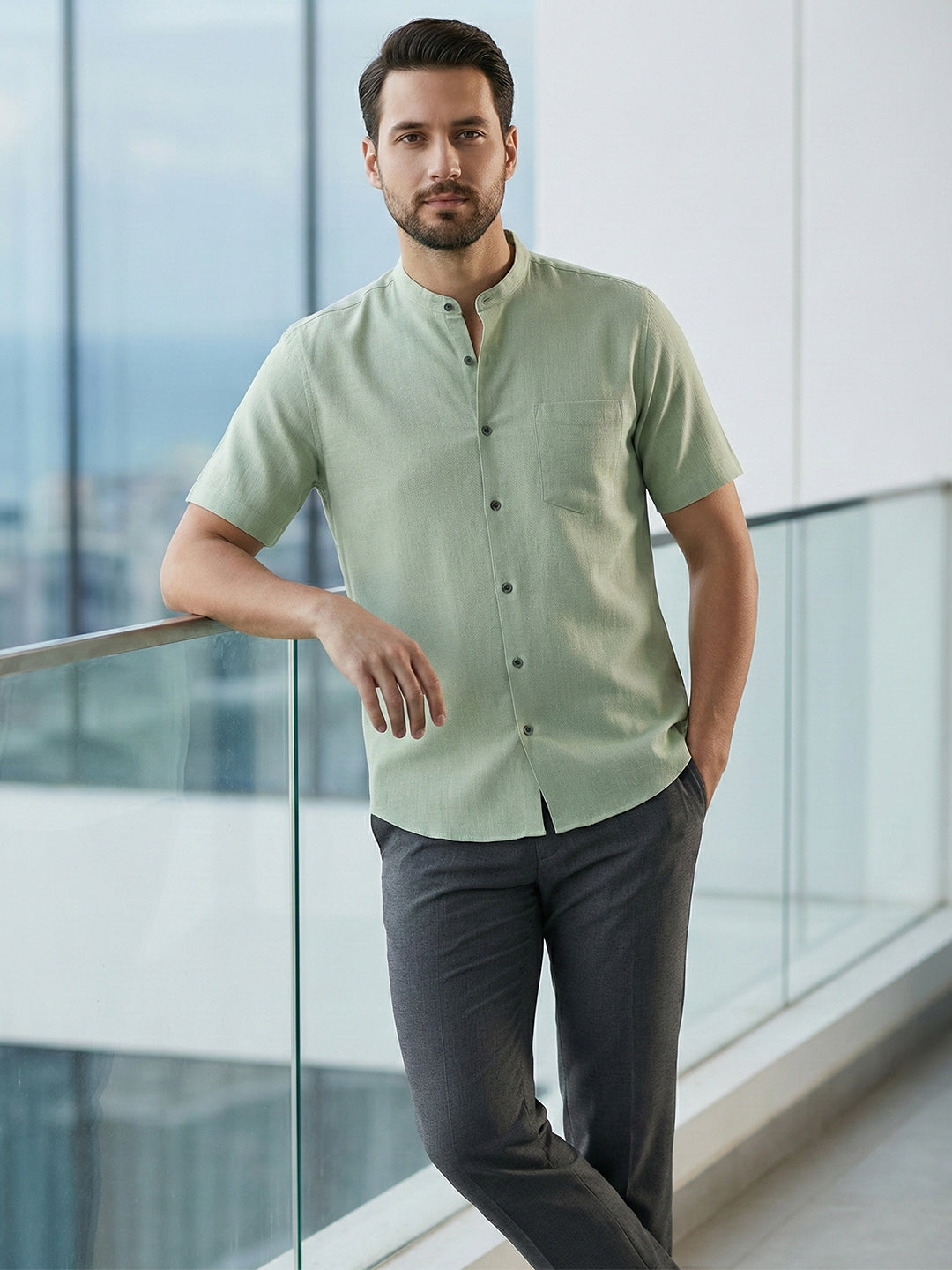 VORA LABEL Men Cotton Regular Fit Mandarin Collar Casual Shirt - White