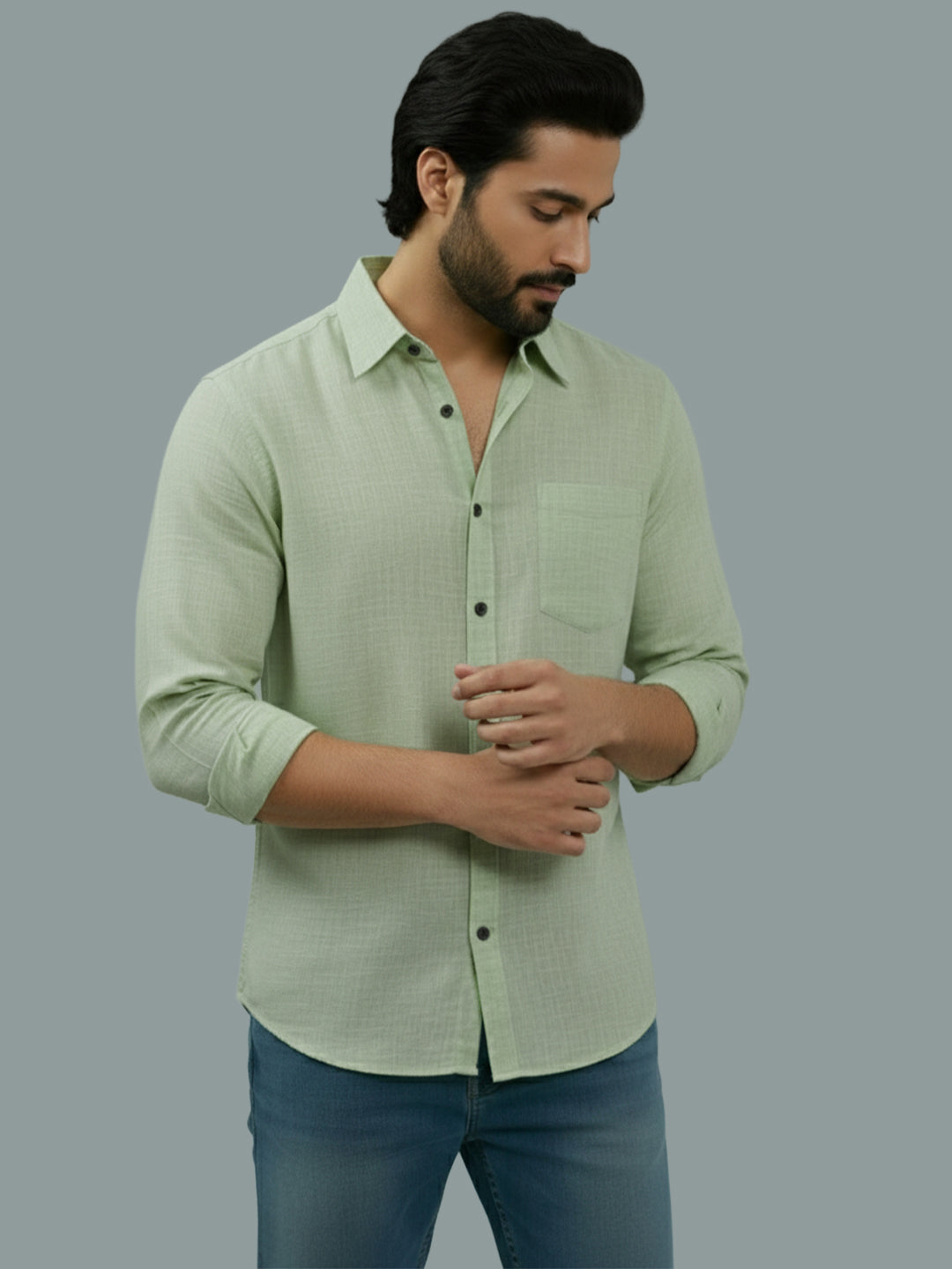 VORA LABEL Men Cotton Regular Fit Spread Collar Casual Shirt - Green