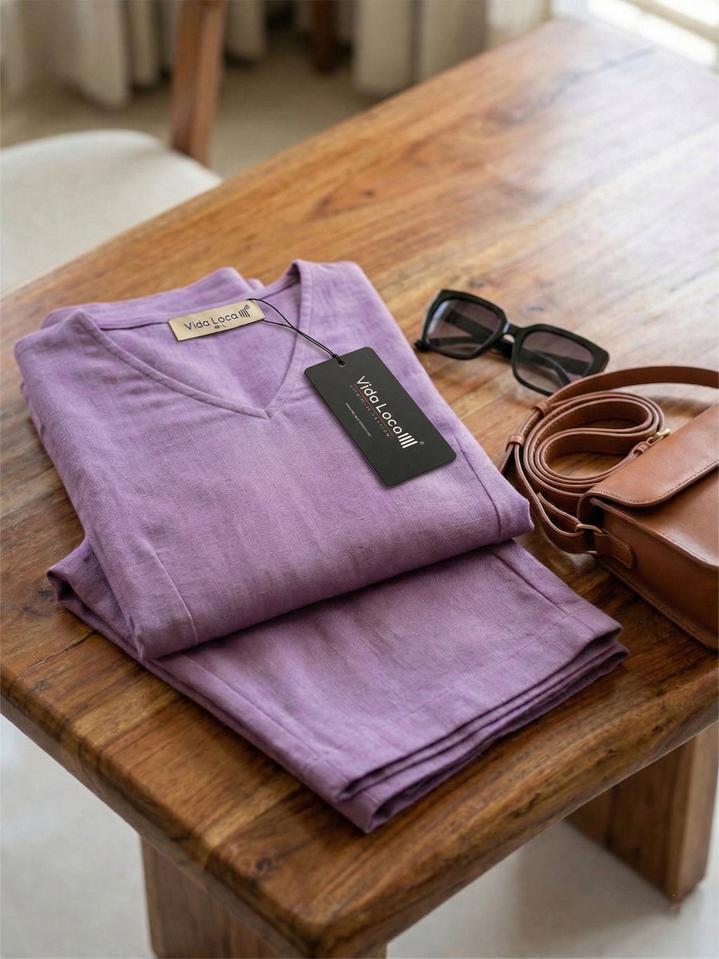 VORA LABEL Women Linen Solid Relaxed Fit Co-ord Set - Purple