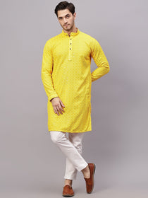 VORA LABEL Men Rayon Schiffli Chikankari Floral Printed Long Kurta Set - Pista