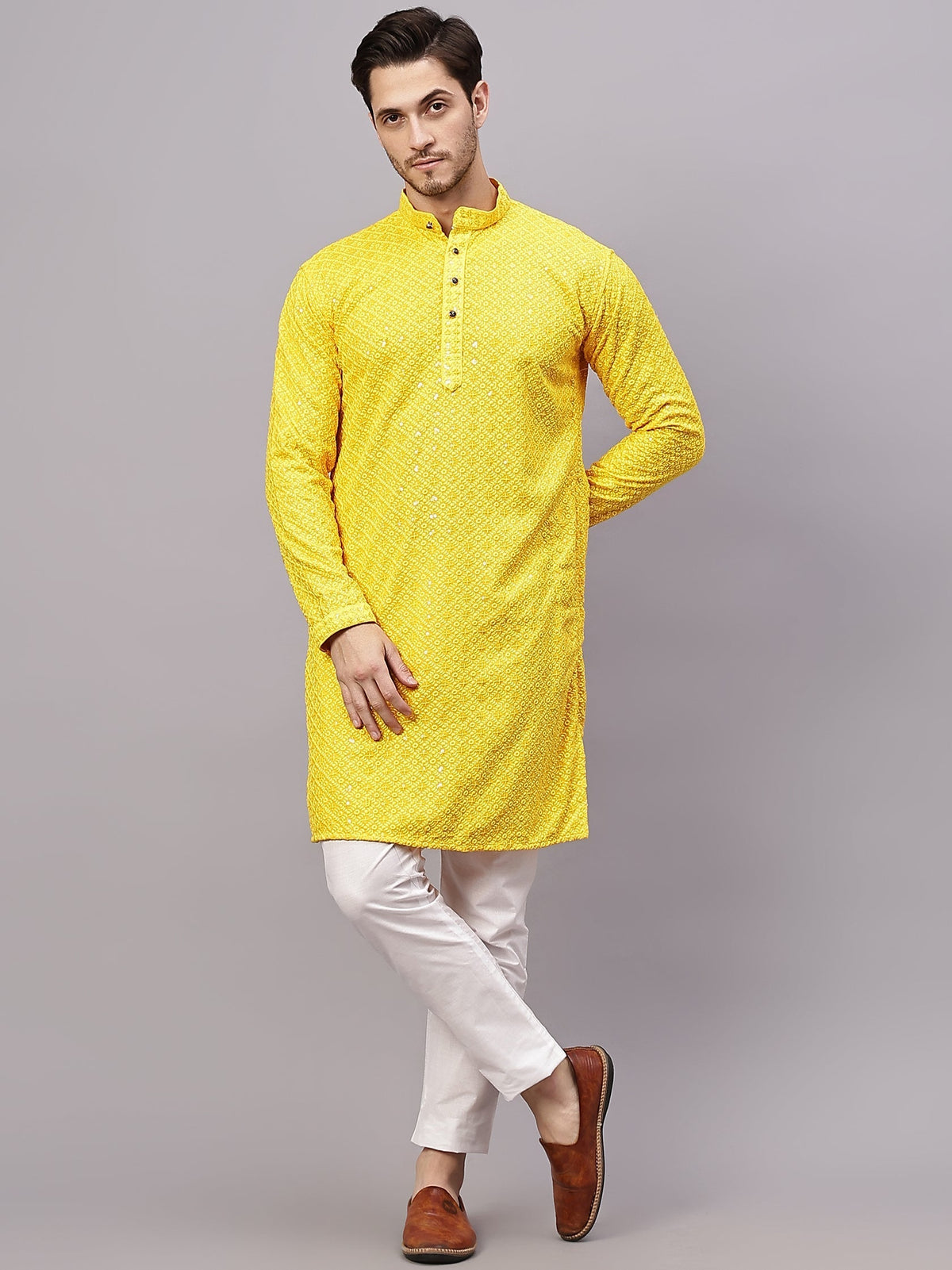 VORA LABEL Men Rayon Schiffli Chikankari Floral Printed Long Kurta Set - Pista