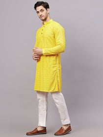 VORA LABEL Men Rayon Schiffli Chikankari Floral Printed Long Kurta Set - Pista