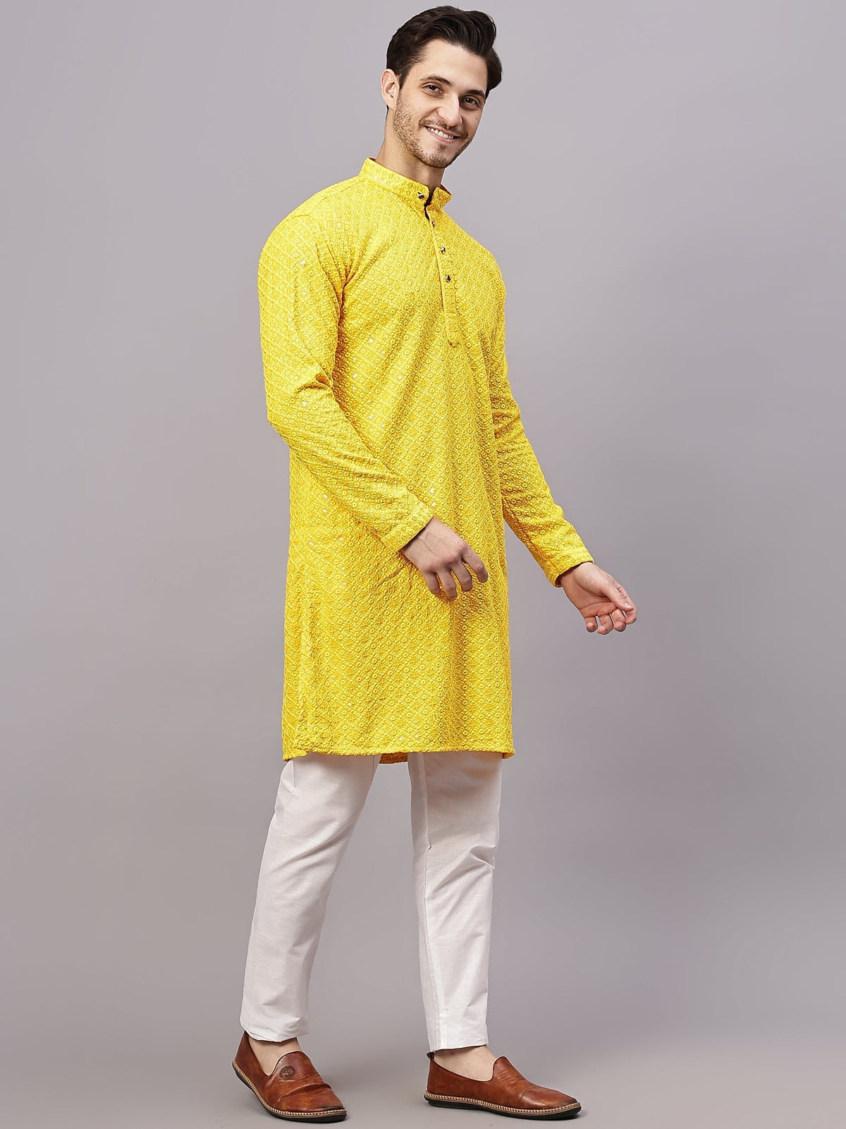 VORA LABEL Men Rayon Schiffli Chikankari Floral Printed Long Kurta Set - Pista