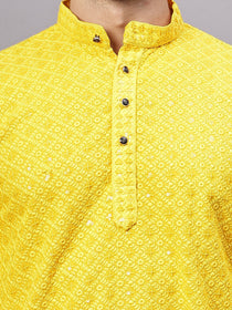 VORA LABEL Men Rayon Schiffli Chikankari Floral Printed Long Kurta Set - Pista