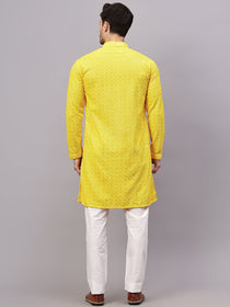 VORA LABEL Men Rayon Schiffli Chikankari Floral Printed Long Kurta Set - Pista
