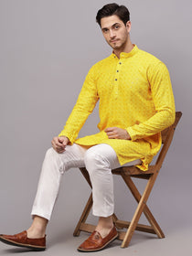VORA LABEL Men Rayon Schiffli Chikankari Floral Printed Long Kurta Set - Pista