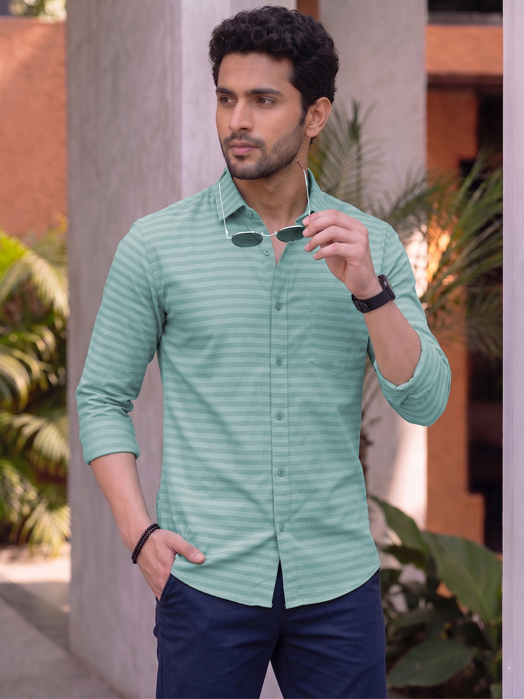 VORA LABEL Men Denim Striped Slim Fit Casual Shirt - Black
