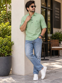 VORA LABEL Men’s Cotton Blend Solid Kurta | Mandarin Collar Full Sleeve Kurta with Pocket | Casual & Festive Wear